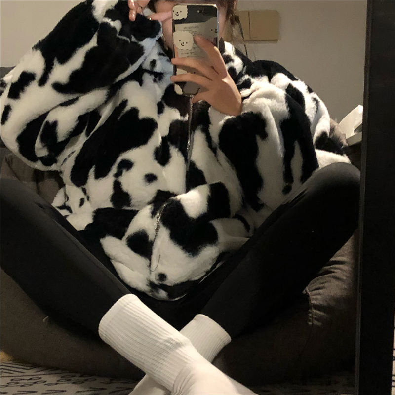 Hoodies Women Winter Futrry Cows Pattern Hooded Coat Womens