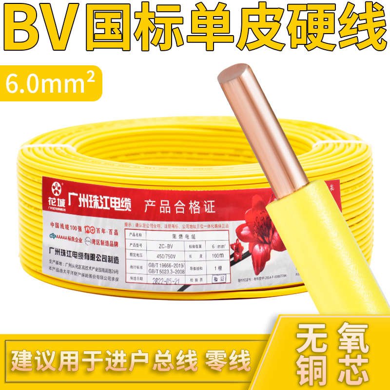 6硬  珠江平方4.国标.广州55A单股 家装2芯线bv1家用电线电缆纯铜