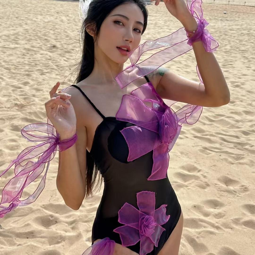 KAYASUBA紫色花瓣性感露背连体泳衣水舞服
