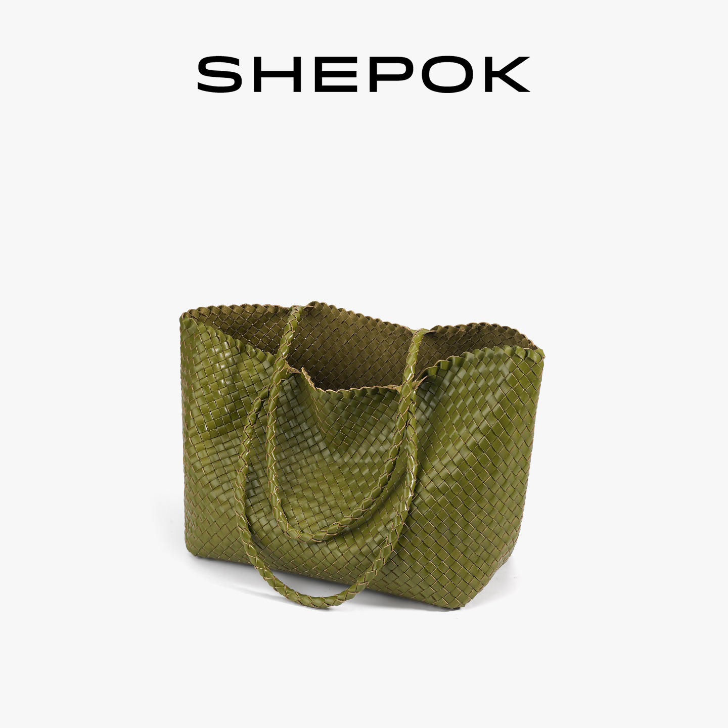 SHEPOK2025年夏季新款潮牛皮女包手工编织托特包大容量真皮单肩包