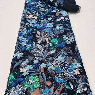 亮片珠管绣网布面料 立体花手工珠刺绣重工面料 婚纱W礼服蕾丝布