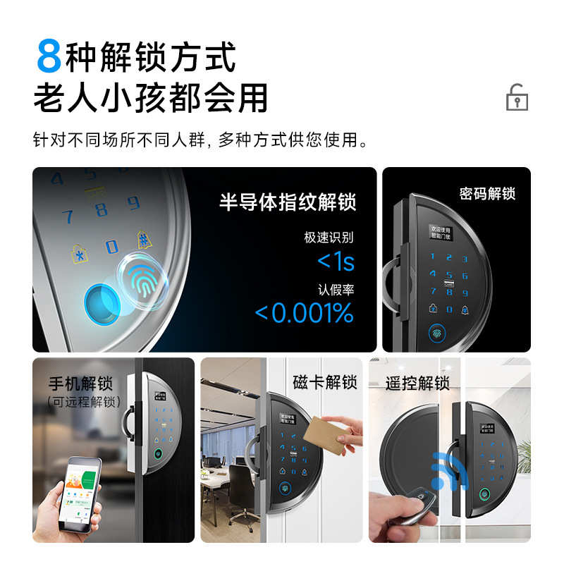 免开孔玻璃门指纹密码电子锁免布线办公室有框双开单开Z门智能门