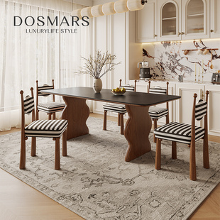 法式 复古白蜡木实木小户型家用长方形黑色岩板餐桌椅