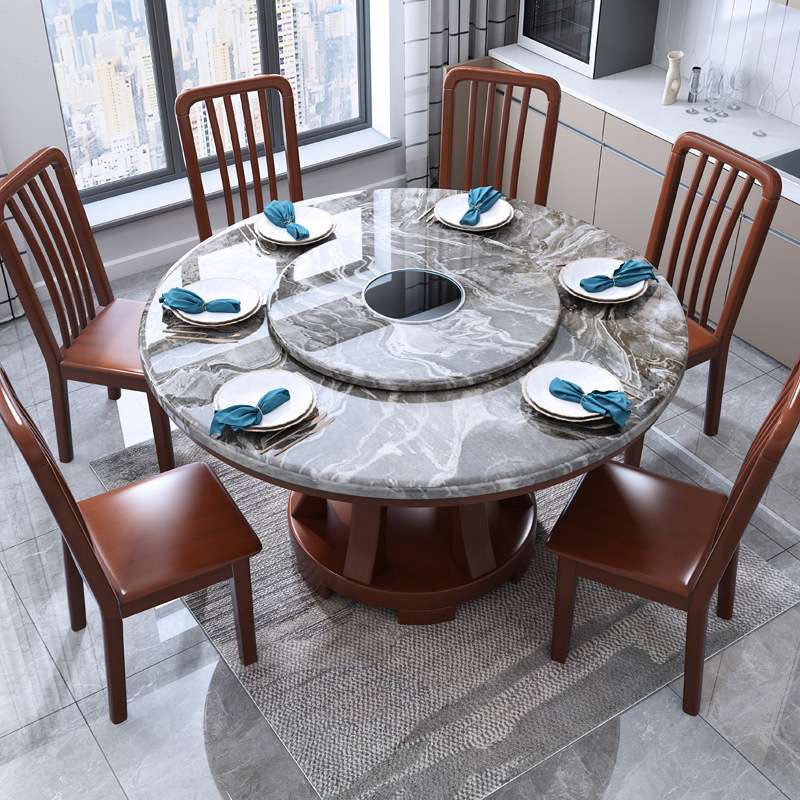 实木餐桌现代简约大理石餐桌椅组合圆桌带转盘电磁炉港式轻奢饭桌