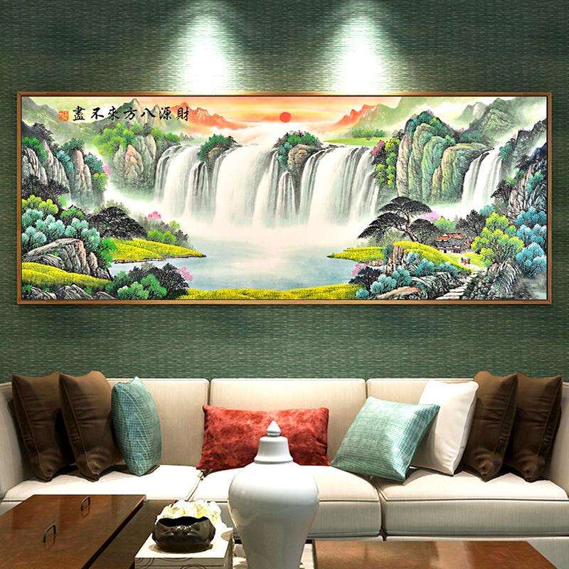 新中式山水风景画高山流水财源广进钻石画满钻客厅书房横版挂画