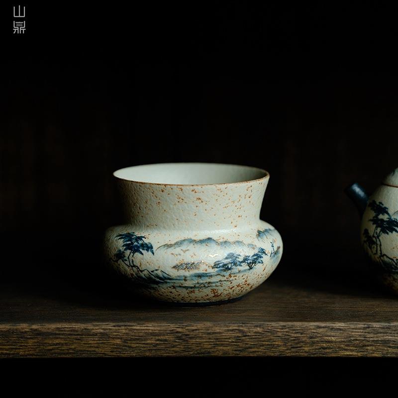 仿古青花火石红手绘山水茶渣缸家用陶瓷建水茶洗水盂功夫陶瓷零配