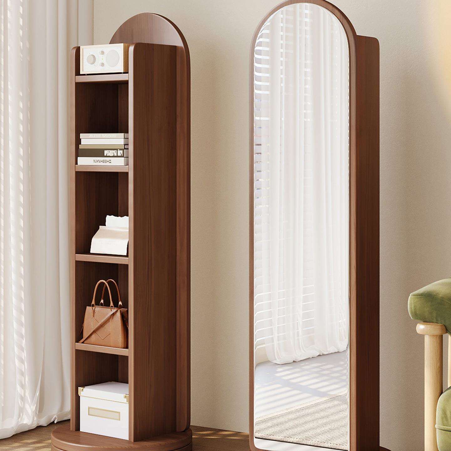 旋转穿衣镜全身落地镜可移动家用衣架杂志书架旋转储物一体试衣镜