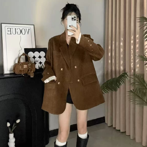 2026秋冬新款复古金棕色西装外套女小个子雪尼尔加厚西服上衣