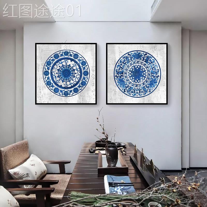 网红客书厅装画新景沙发背墙挂画房壁画玄关装饰画中饰式画青花瓷图片