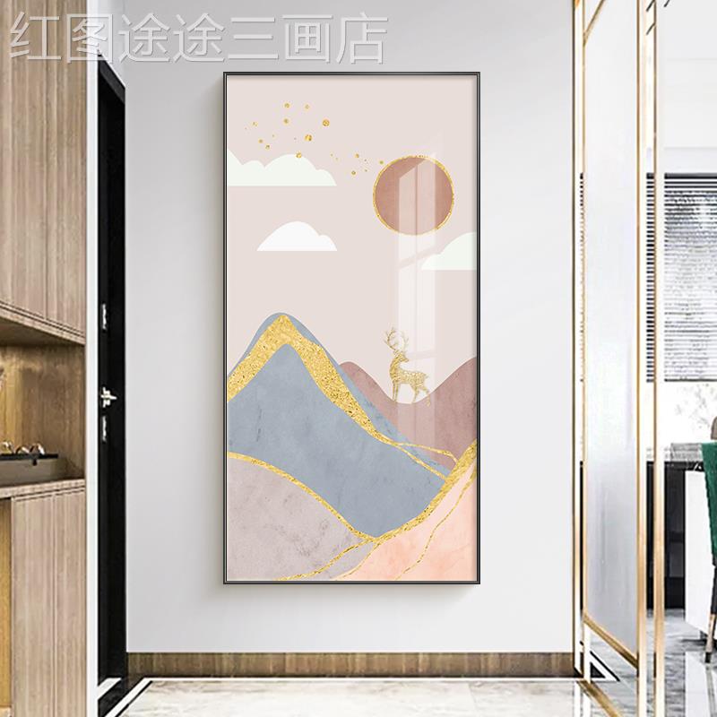 网红北欧风格玄廊关入间门装饰麋户画现代鹿风景过道走壁画楼梯挂图片