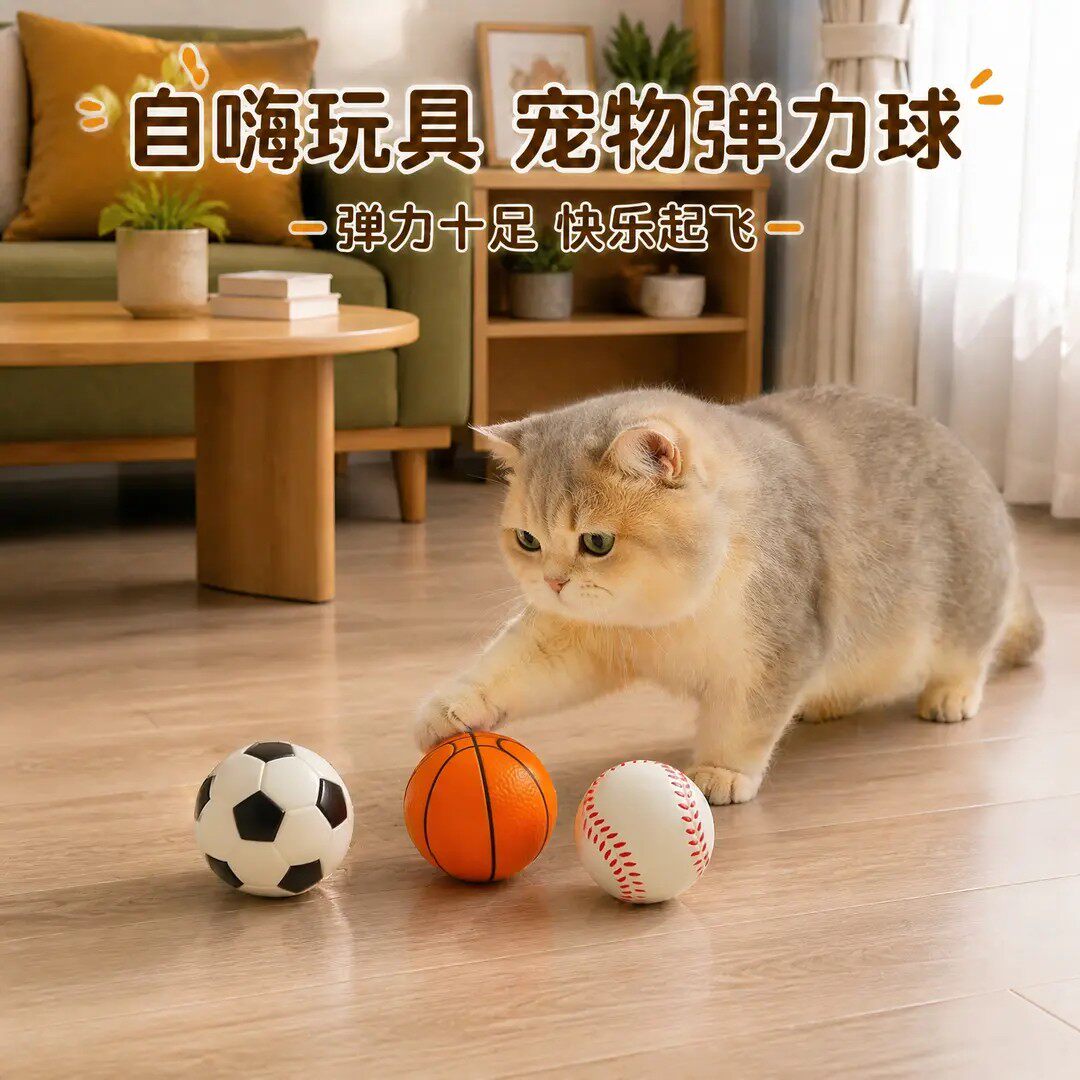 猫玩具足球篮球小弹力球6cm逗猫棒耐咬猫咪自嗨解闷逗猫宠物用品