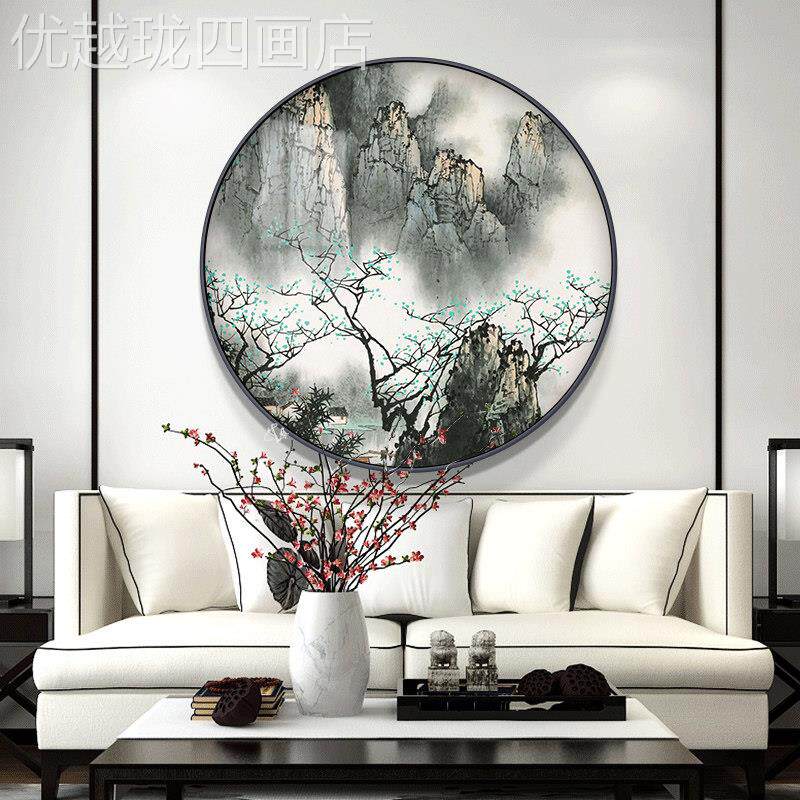 网红白雪山石客厅装饰画中式圆形新挂画走入户玄廊关中国画风国画