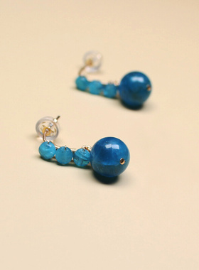天然蓝磷灰耳钉女简约原创设计手工串珠14k金耳饰蓝水晶宝石耳坠
