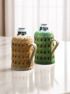 外壳保温迷你开水瓶手工新品 复古风竹编迷你小茶瓶家用暖水壶老式