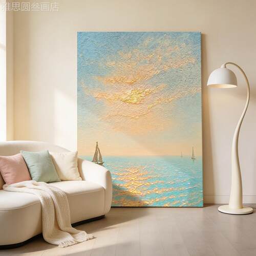 手『海上莫奈』油奶风帆海景肌理绘油画入户玄关艺术装船饰画定做