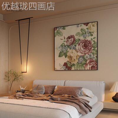 网红约现代客挂厅式玄关装饰画复古风牡丹花卧室背美景墙壁简方型