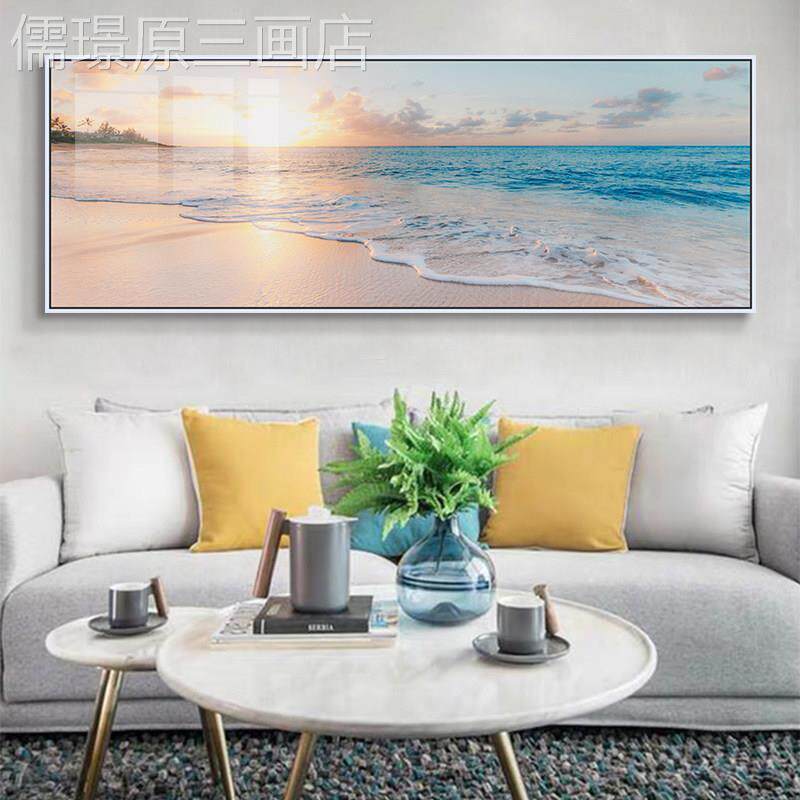 地中海沙滩装画北欧厅海大海风景客挂画卧景室床头横版单饰幅壁画