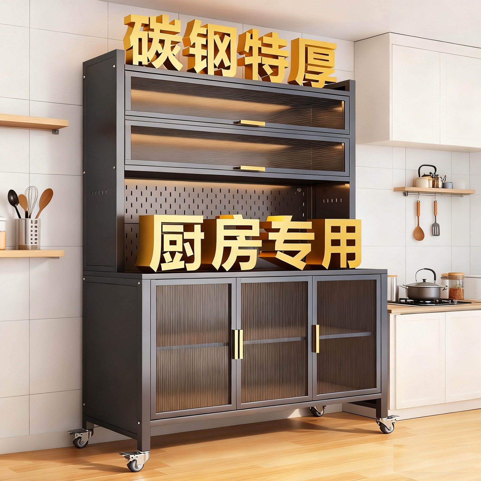 厨房置物架加厚防尘餐边储物柜落地多层微波炉收纳柜碗柜带门橱柜,智能设备,其他智能配件,淘宝优惠券,粉丝福利购,淘宝优惠卷