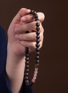 极速天然沉香木纯银n十二生肖本命像好运环草莓晶双圈手链女款手