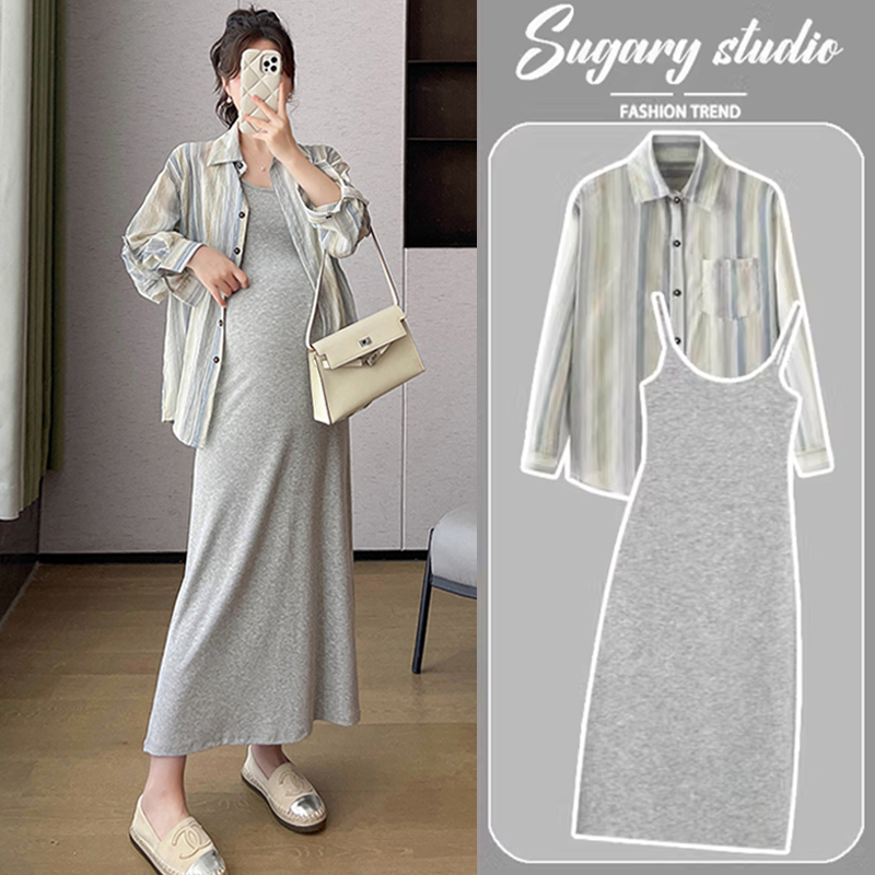 孕妇春装套装202m5新款时尚洋气吊带连衣裙夏季两件套防晒衬衫上