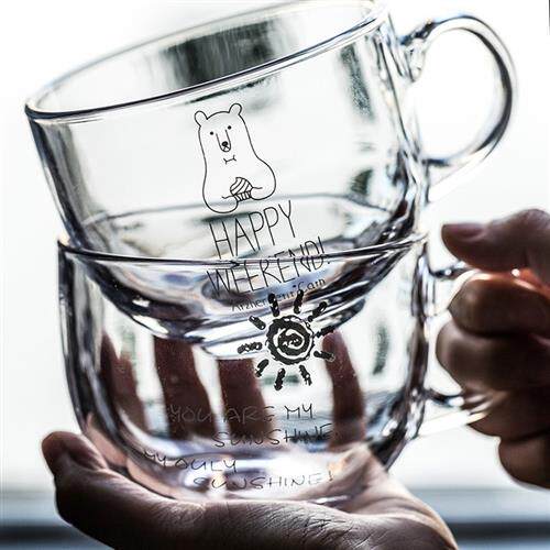 新品玻璃牛奶早餐杯家用水杯燕麦杯D子带盖子勺可微波炉加热简约