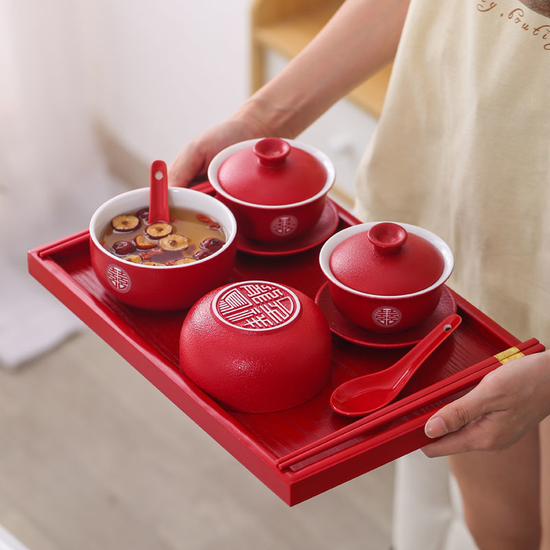 极速结婚茶杯磨砂l敬茶杯套装喜碗对碗改口敬茶碗茶具新婚红色盖