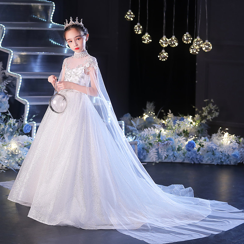 新品女童拖尾晚礼服公主裙婚纱高端儿童主持人花童W女孩钢琴演奏