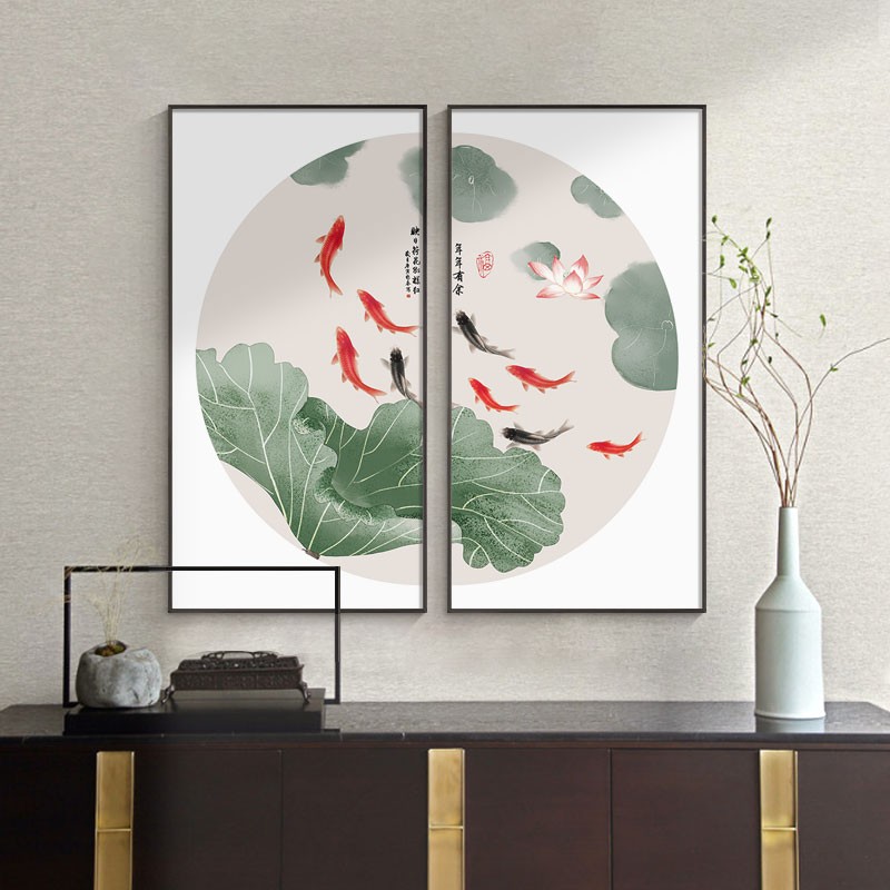 极速九鱼图玄关装饰n画新中式餐厅茶室组合挂画日式客厅背景墙招图片