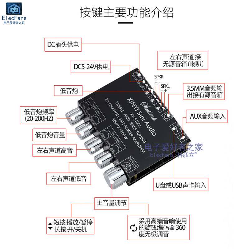 新品新款21声道 蓝牙音r频功放板模块高低音调重低音炮喇叭音箱XY