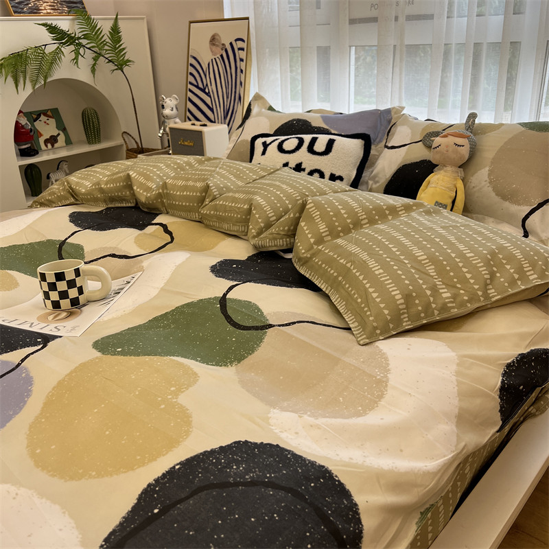 极速insc风北欧简约清新绿色条纹床上四件套水洗棉学生宿舍单人三