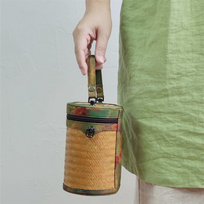 极速手工香云纱竹编包女士小包水桶包小拎包手提斜跨W包单肩圆筒