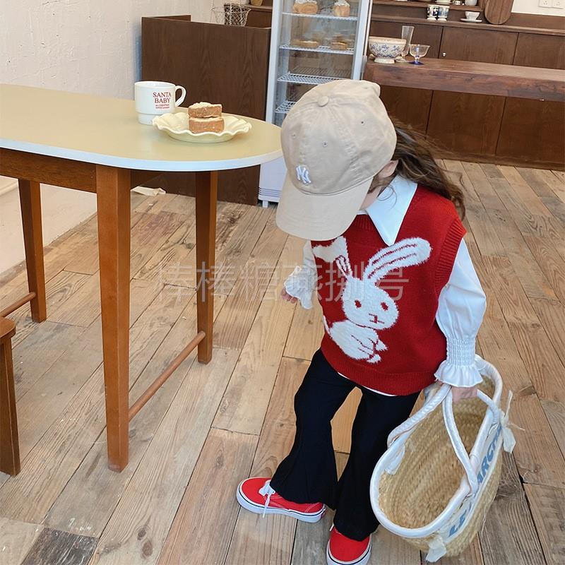 极速春秋季女童韩版洋派小兔u子马甲+长袖衬衫+黑色喇叭裤三件套s