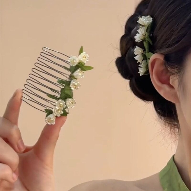 森系铃兰花珍珠倒插发梳女清新甜美出游穿搭超仙插梳发饰