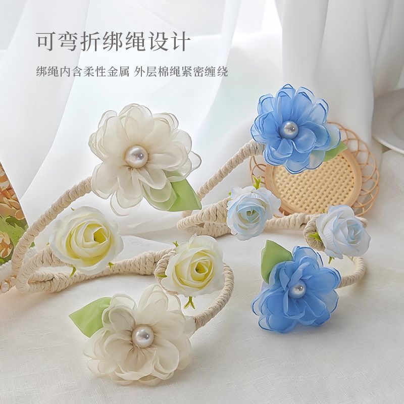 婚房纱帘收拢扣环红色花朵窗帘绑带高级结婚乔迁捆绑束带装饰