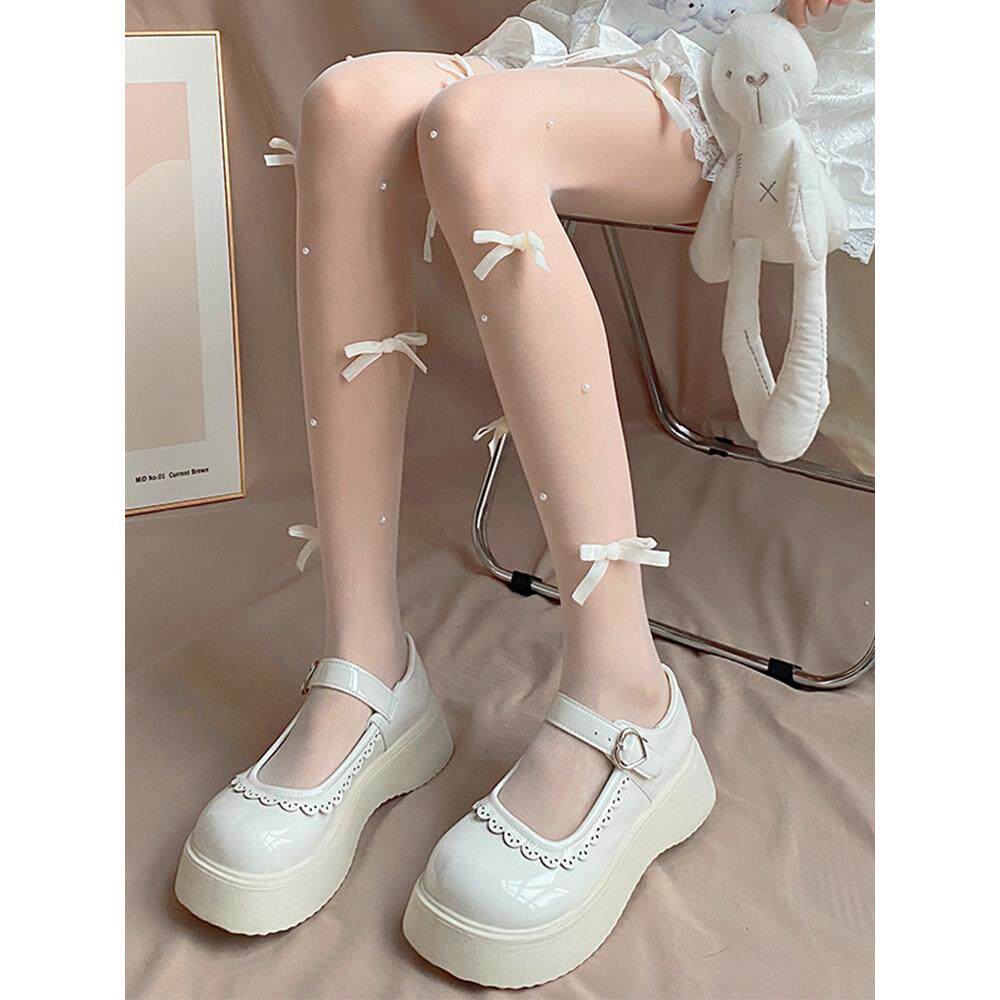 夜间教习室白色丝袜纯欲珍珠袜子小众设计感裸感连裤袜蝴蝶结白丝