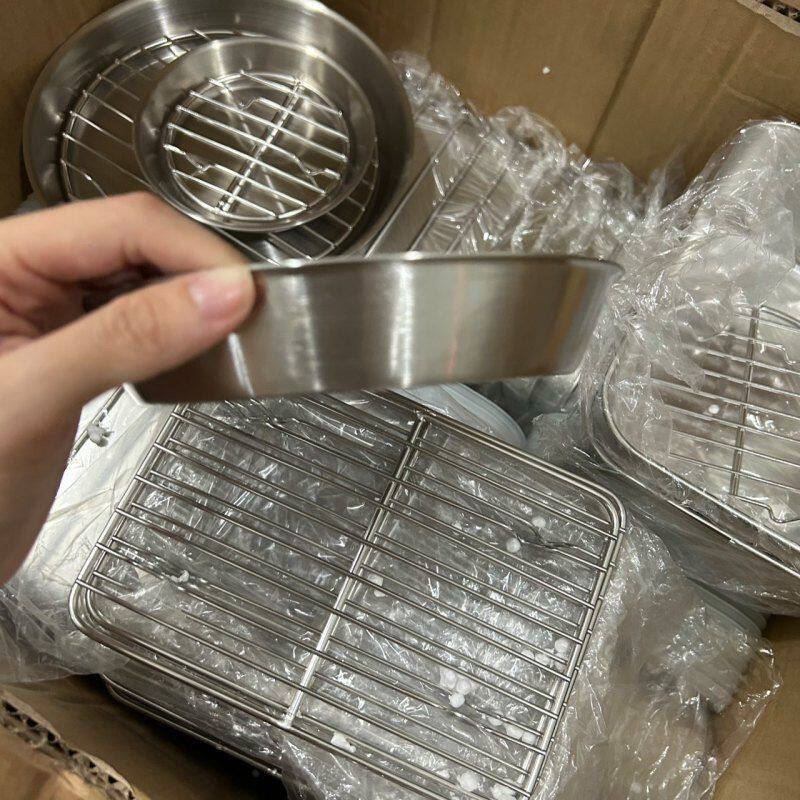 不锈钢空气炸锅烤盘带网滤水滤油圆盘烧烤撒料盘子熟食展示盘