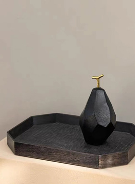 新中式复b古做旧实木菱形茶托盘摆件样板间客厅茶几黑色收纳盘装