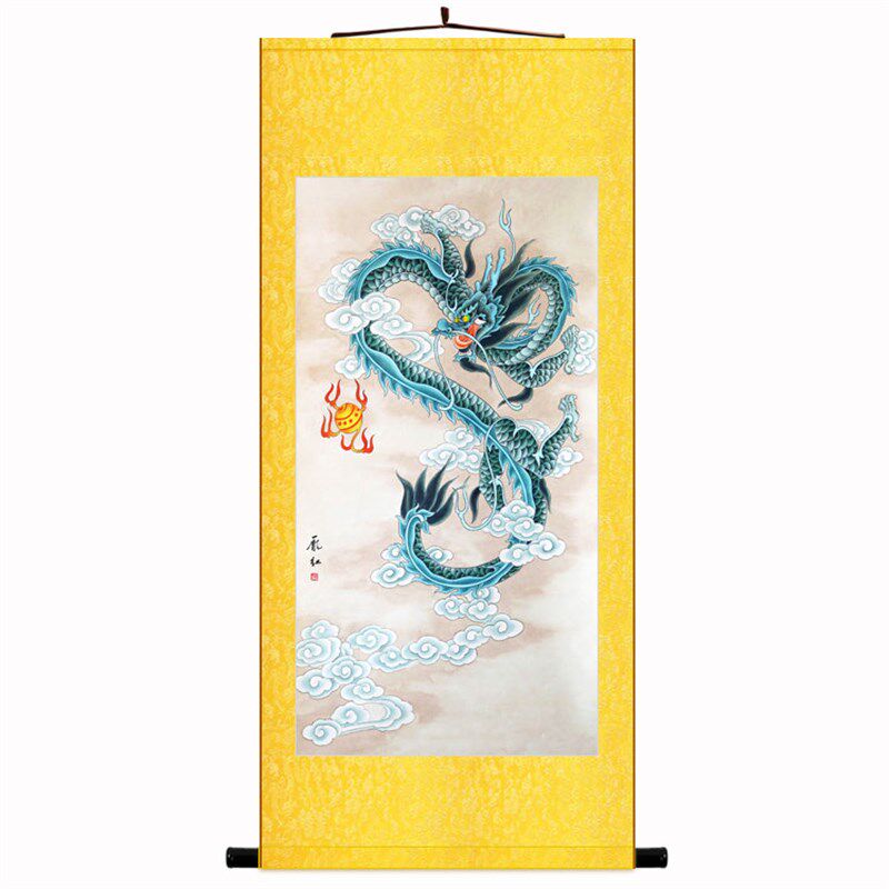 新品龙戏珠c 玄关客厅装饰画 风青水丝绸挂画 卷轴画可定制订做