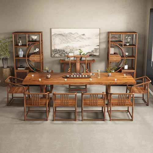 新中式胡桃木大板茶桌实木原木办公书桌整块工作台家用泡茶台餐桌