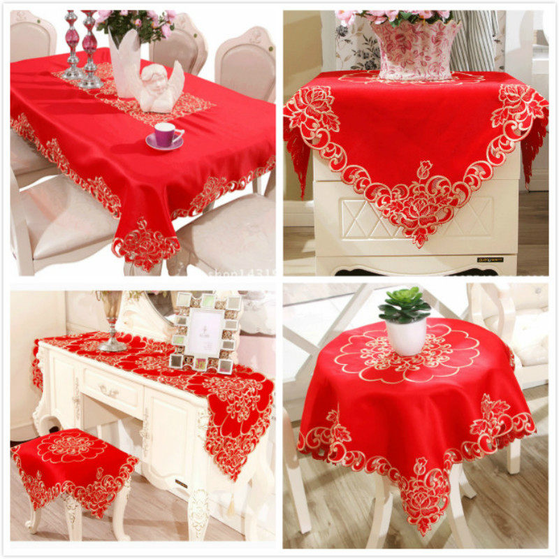 大红色喜庆结婚庆礼品用品电视柜盖布艺床头柜罩餐桌台布方圆桌布
