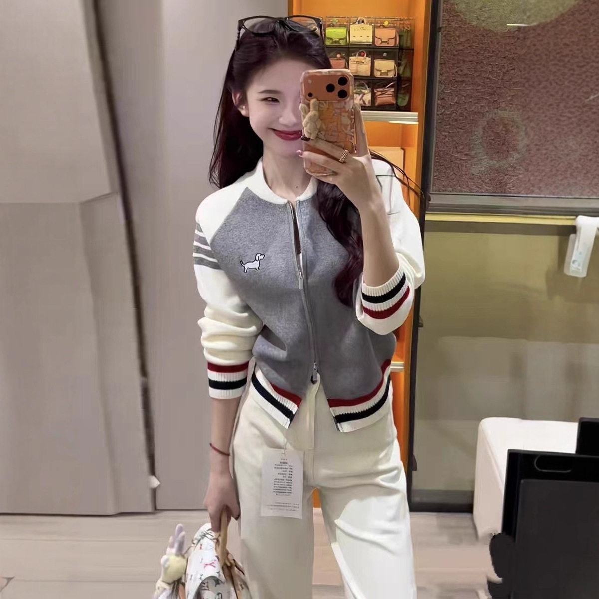 小狗刺绣针织开衫拼色学院毛衣秋冬2025设计拉链棒球秋季外套