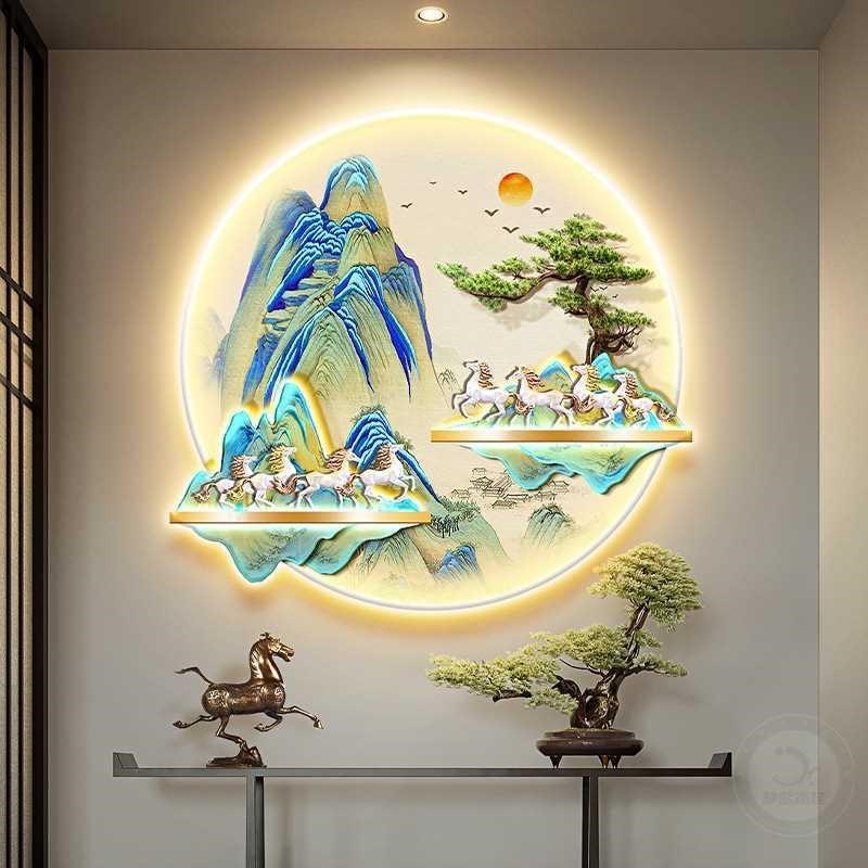 千里江山图玄关装饰画q新中式八骏马走廊挂画迎客松茶室带灯光壁