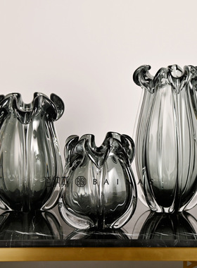 简约创意灰色透明透明插花水养摆件玻璃花瓶N客厅鲜花轻奢高档饰