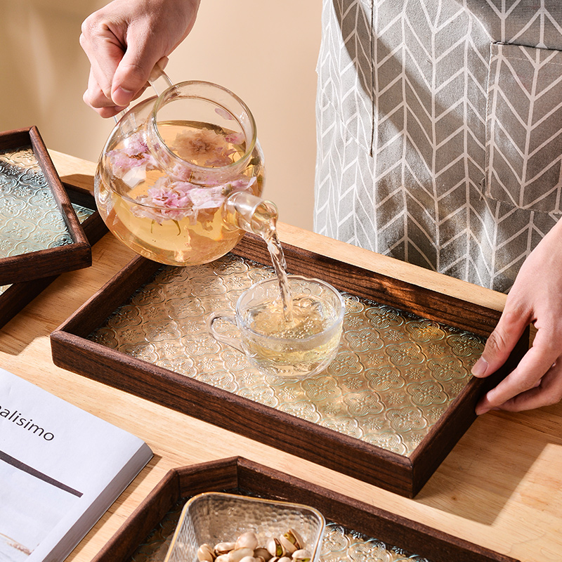 海棠压花玻璃托盘复古长方形茶盘收纳摆件茶R水杯子点心水果盘