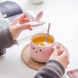 潮流可爱少女心大容量家用陶瓷杯 兔耳朵马克水杯子带盖勺创意个性