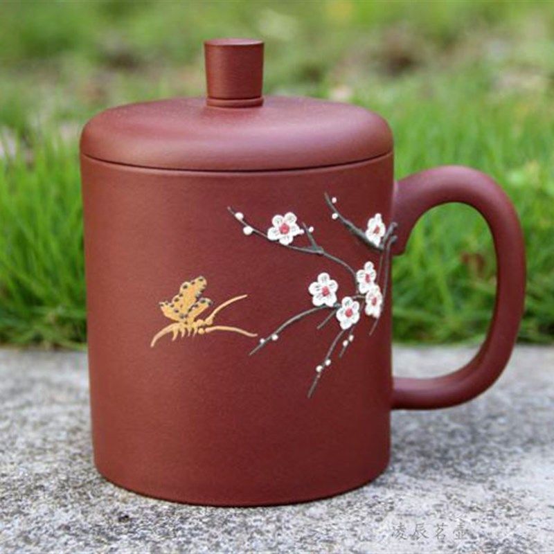 宜兴紫砂纯全手工白梅花蝴蝶盖杯带盖茶杯底O槽清办公杯子茶具大,餐饮具,茶杯,淘宝优惠券,粉丝福利购,淘宝优惠卷