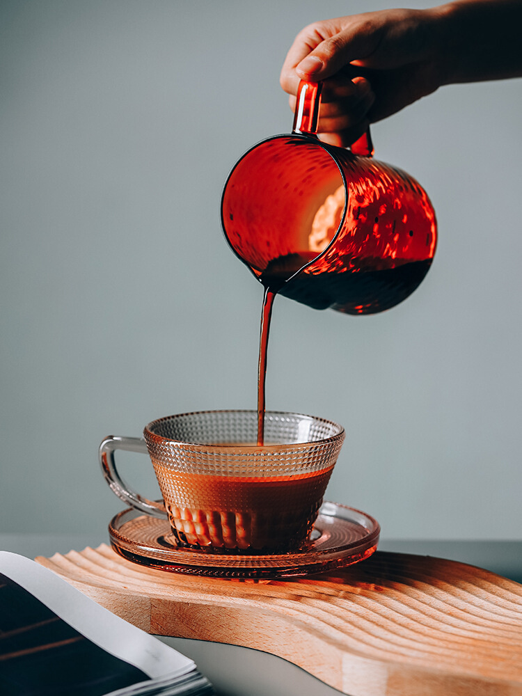 中古杯拉花杯玻璃挂耳咖啡杯带勺粉色复古钻石纹早餐杯子杯碟套装