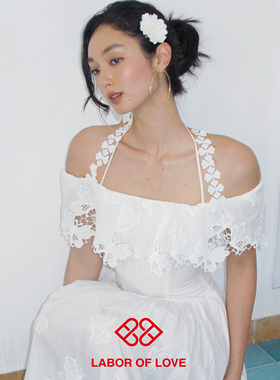 Labor of Love 蝶影绮梦 原创设计镂空刺绣纯棉一字肩挂脖连衣裙