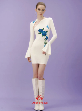 Labor of Love 庄周梦蝶 原创设计新中式花朵刺绣白色旗袍连衣裙