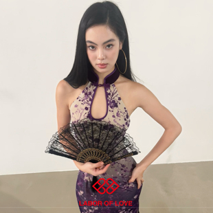 Labor of Love 鸳鸯紫藤 原创设计渐变紫定位花丝绒挂脖中式旗袍